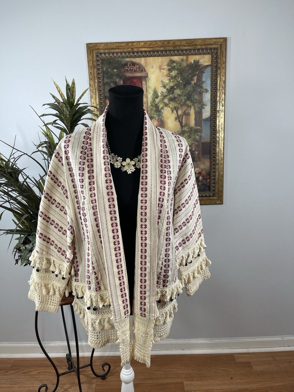 Lamorena Boho Cotton Kimono Cardigan Tassel Fringe Open Front Size M